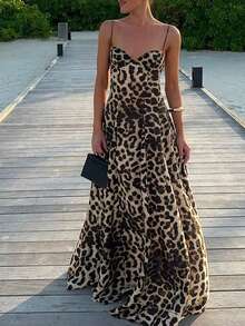 女式新款优雅抽腰大裙，日常休闲海滩度假风豹纹长裙优雅吊带超长露背性感吊带裙，Y2K 印花紧身系带修身复古长裙，春夏秋季 - 彩色 - 查看 11