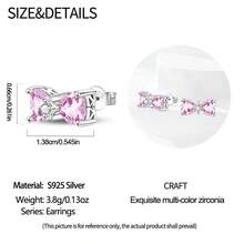 1 Pair S925 Sterling Silver Elegant Luxury Pink Bow Moon Zirconia Ladies Earrings Fit Banquet Party Wedding Birthday Gifts Women's Jewelry Valentine's Day