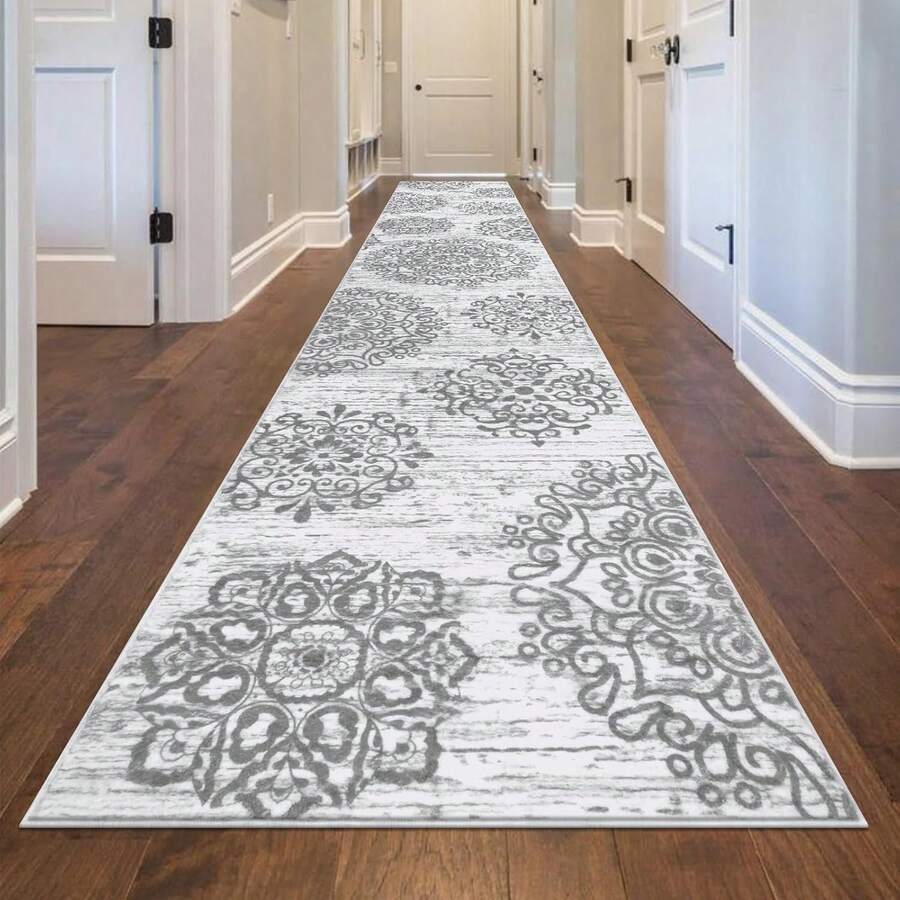 Pauwer Hallway Runner Rug Washable Rugs Runner Non Skid Carpet Runner Boho Farmhouse Vintage Throw Area Rugs Floor For Kitchen Laundry Room Entryway Bedroom Bathroom - 灰色 - 查看 1