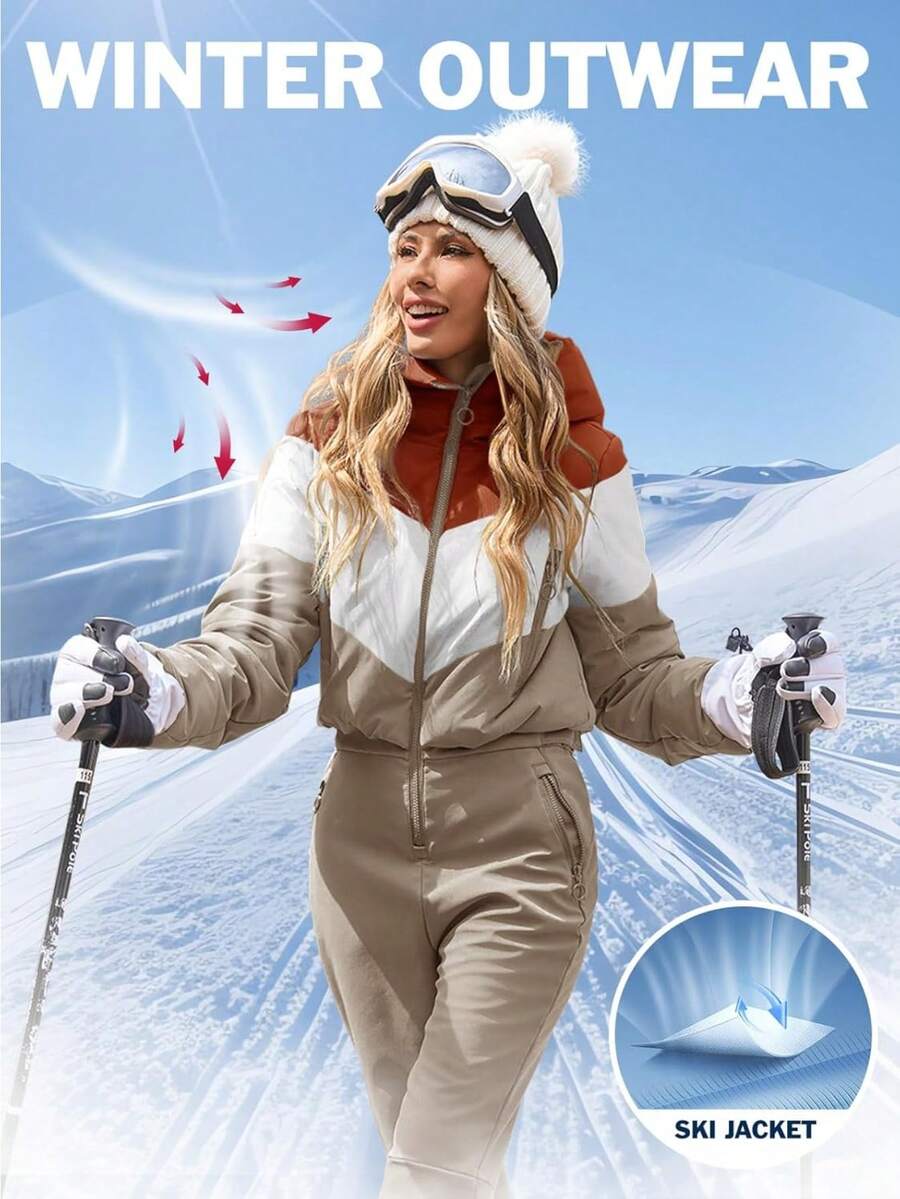 Fisoew Thermal Snowsuit For Women, Waterproof One Piece Ski Suit, Cold Weather Outdoor Gear | Winter Ski Wear | Snowboarding Jumpsuit, Snow Pants Women | New Years Outfit - 駝色 - 查看 1