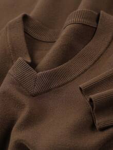Men's V-Neck Solid Color Thick Knit Sweater, Straight Fit, Autumn/Winter - Coffee Brown - View 8