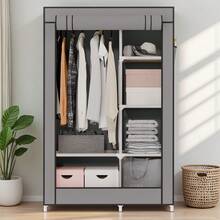 Portable Closet, Clothes Storage Organizer With 6 Shelves, Clothes Hanging Rail, Non-Woven Fabric Closet, Clothing Racks For Hanging Clothes,Portable Wardrobe With 6 Shelves & 1 Hanging Rod, 4 Side Pockets  For Bedroom ﻿ - Xám - Xem 2