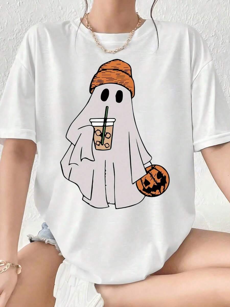 Halloween Ghost With Bubble Tea And Pumpkin T-Shirt, Funny Spooky Costume Design For Women Men, Casual Oversized Tee For Halloween Party, Autumn Festival, Cosplay Outfit, White Cotton Graphic Tee - 白色 - 查看 1