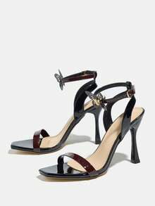 Women's High Heel One-Strap Glossy Design Square Toe Round Ring Hollow Butterfly Decor Thin Strap Buckle Shiny Electroplated Black Stiletto High Heel Party Night Club Outdoor Fashion Exhibition VIP Banquet High-End High-Quality Mirror Material Elegant Luxurious Dignified Black High Heel Sandals, Suitable For Autumn Women's Outfits