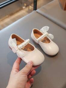 1 Pair New Baby Girls' Pearl Bow PU Hook And Loop Design Princess Style Flat Shoes, Pink, Suitable For Spring/Autumn - Beige - View 7