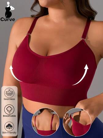 1 pieza Sujetador deportivo casual de unicolor sin costuras para mujer de talla grande, con almohadillas extraíbles, ropa interior cómoda y amigable con la piel, adecuado para yoga en interiores y uso diario