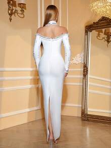 Love Aing 女士白色串珠连衣裙，优雅正式礼服，适合节日、情人节、派对、婚礼宾客穿着，奢华珍珠装饰修身连衣裙，春季款 - 白色 - 查看 10