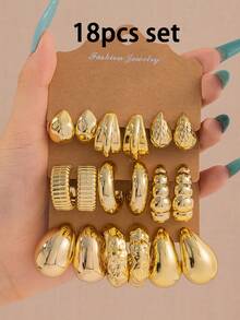 6-18pcs/Set New Asymmetrical CCB Gold Lightweight Earring Set, Textured C-Shape And Teardrop Designs, Versatile Everyday Wear For Women - Gold - View 9