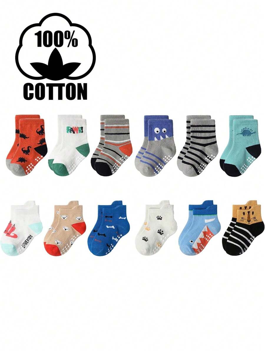 6双/12双装棉质星点防滑儿童袜，卡通透气防滑中筒袜，男女童均适用 - 彩色 - 查看 1