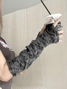 2025 New Style 2-Pack Street Gloves, Ripped Old Beggar Decorative Half-Finger Gloves, INS Gloves, Arm Sleeves For Women, Suitable For Daily Wear, Halloween Costume Matching, Cosplay Decoration, Stage Performance, Party Theme, Fashionable Arm Sleeves, Beggar Style Arm Sleeves Thanksgiving Christmas Winter Holiday Outfit Women+Winter Gear+Gloves Bear+Christmas - Dark Grey - View 5