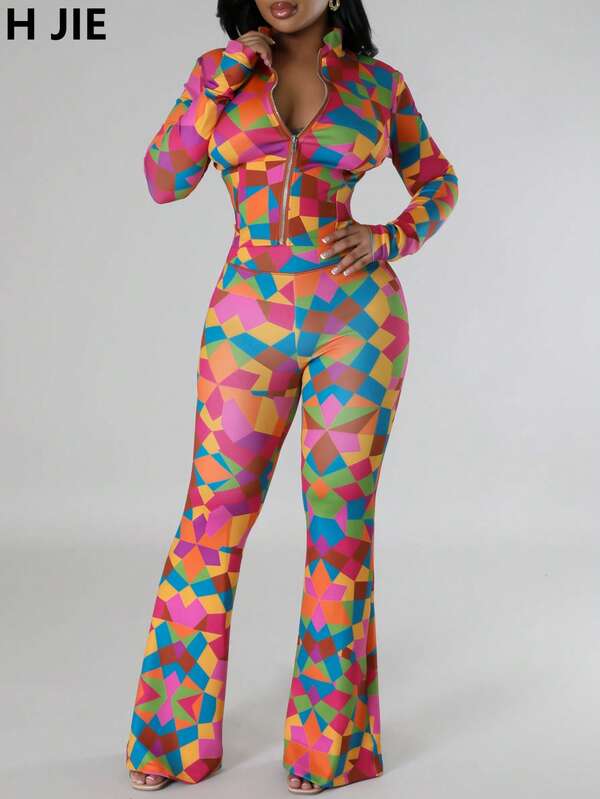 Outfit da donna in due pezzi, cardigan casual boho con stampa geometrica e zip, colletto e pantaloni a zampa, media elasticità