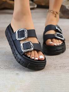 FZY 2026 New Women's Flat Sandals, Non-Slip Thick Sole, Stylish Solid Color, Adjustable Buckle, Women's Beach Shoes/Seaside Shoes/Outdoor Shoes/Travel Shoes/Bathroom Shoes/Family Party Shoes/Party Shoes/Water Sports Shoes, Women's Slippers, Women's Winter Sandals, Red Flat Shoes, Valentine's Day Casual Wear Women's Thick-Soled Sandals, Bridal Wedding Supplies Women's Flat Sandals - màu đen - Xem 4