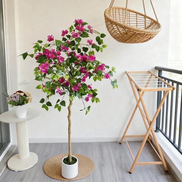 1 pièce Branche d'arbre de bougainvillier artificiel de 135-170 cm avec pot en plastique. Décoration d'intérieur et d'extérieur réaliste pour la maison. Plante artificielle pour le salon, le jardin et le balcon