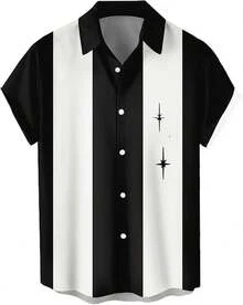 Vintage 1950s Casual Short Sleeve Button Up Contrast Summer Color Block Cuban Bowling Shirts Men - 星星 - 查看 12