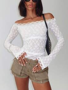 A High-Quality One-Shoulder Top With Lace Patterns, Suitable For Back-To-School Parties, Dates And Ladies' Christmas Outfits In Autumn/Winter - White - View 7