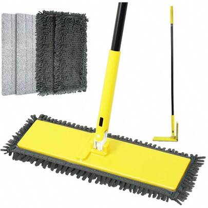 Dust Mop With Unique 90 Foldable Panel, 52 Inches Long Handle Wet Dry Flat Floor Duster Broom With 2 Microfiber And 2 Chenille Pads Hardwood, Stairs, Vinyl, Tile, Laminate Yellow