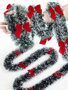 7pcs/1pc Christmas Tinsel Garland, Dark Green Frost Tip Metallic Garland With 6/12pcs Red Bows, Artificial Xmas Garland For Home Indoor Outdoor Christmas Tree Decoration, Holiday Wedding Party Supplies