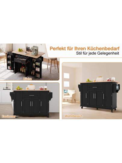 120*45cm, Mobile Kitchen Isl Trolley, Worktop Extends Up To 70cm, Hidden Cutlery Drawer, Adjustable Shelves, Spice Rack Towel Holder, Kitchen, Dining Room Or Living view 9