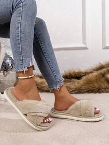 Zapatillas de mujer de estilo casual para otoño/invierno, con trenzado, de fácil deslizamiento, planas, de felpa, cálidas, suaves y cómodas, para usar en interiores, en el hogar y en el dormitorio