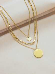 1 Peça Colar de Disco Redondo de Aço Inoxidável de Camada Dupla, Banhado a Ouro