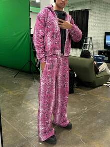 Conjunto de pantalones anchos de pierna ancha con estampado de patrón animal y chaqueta estilo Spice Girl de moda informal tipo INS - Rosa Fucsia - Ver 2