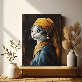 1 件，帆布印刷，带珍珠耳环的小猫装饰海报，现代简约猫科动物主题家居装饰画，独特的动物艺术品，墙壁艺术，海报，可悬挂，适用于家居装饰、墙壁装饰、浴室装饰、卧室装饰、客厅装饰、厨房装饰、办公室装饰 - 帆布材料（可选框架）