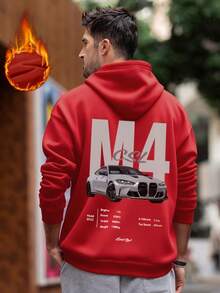 ONE WAVE Men's Hoodie, Autumn/Winter New Streetwear Fashion M4 Racing Element Print Fleece Lined Pullover Sweatshirt - Red - View 2