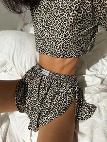 2 piezas Conjunto de ropa de estar en casa con top de manga larga de punto con estampado de leopardo y shorts con abertura lateral, nuevo estilo casual de otoño para mujer, adecuado para usar en el hogar en otoño e invierno - Marrón Mocha - Ver 4