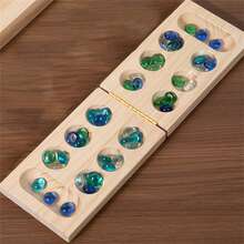 Mancala Board Game Set,Folding Wooden Board And MultiColored Glass Stones, Portable Travel Board Game Gemstone Chess,Wooden Puzzle Toy Ideal For Large Groups, Parties, Family Events