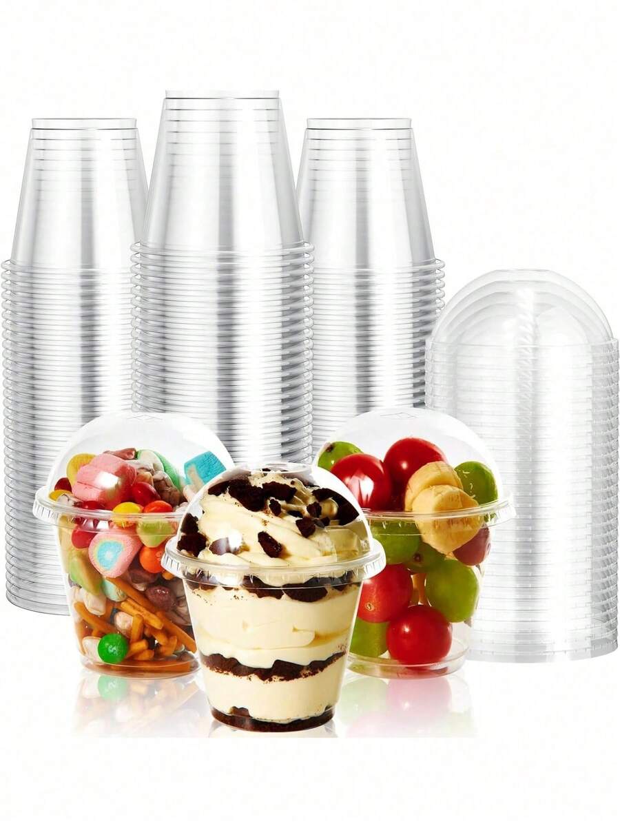 100pcs Clear Plastic Cups With Domes Dessert Cups With Lids, Crystal PET Parfait Cups, Disposable Party Cups For Fruit/Ice Cream/Cupcake/Iced Cold Drinks School Supplies Food Bag Food Box Suitable For Candy Chocolate Biscuit Etc , For Halloween Or Christmas Party