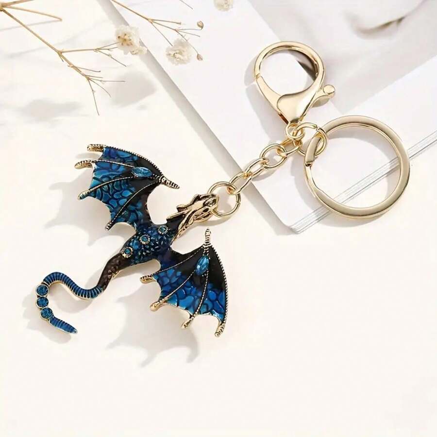 1pc Cool Dragon Keychain Rhinestone High Fantasy Animal Alloy Key Chain Ring Bag Backpack Charm Car Key Pendant Gift - Verde - Ver 1