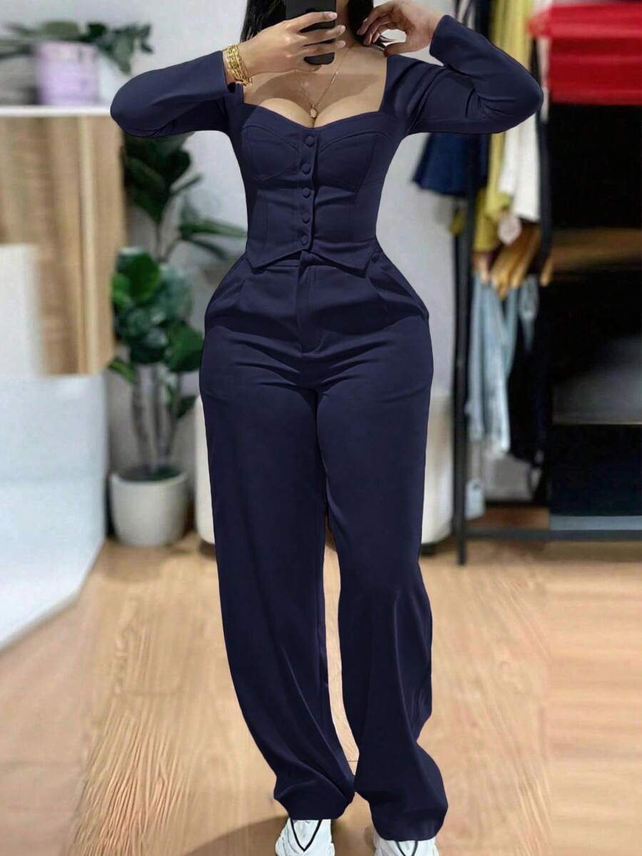 2pcs Women Solid Color Casual Elegant Front Button Pocket Daily Beach Outfit, Autumn/Winter - Navy Blue - View 1