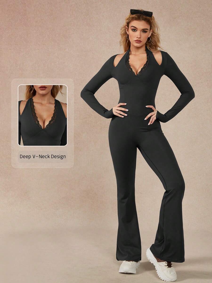NcmRyu 1pc Round Neck Wide Leg Straight Shaping Lifting Long Sleeve Jumpsuit - màu đen - Xem 1