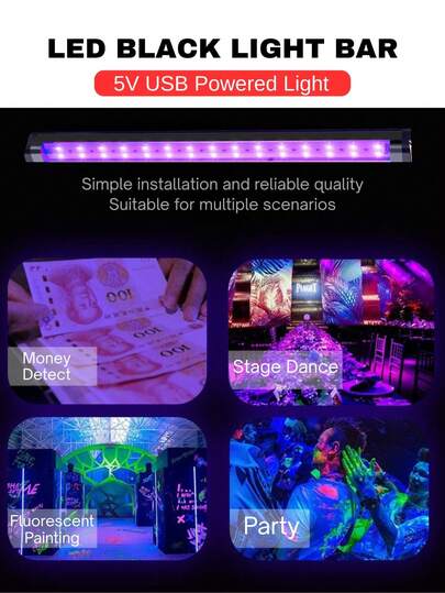 aiinnew 1 conjunto/2 peças de luzes de discoteca brilhantes para festa, luzes roxas UV, barra de luz preta UV alimentada por USB, ultravioleta de 10 W, 1 pé/30 cm, luz LED ultravioleta, adequada para pôsteres de tapeçaria fluorescentes, tintas para carroceria de carro, usadas em armários e expositores, fácil de usar por meio de parafusos