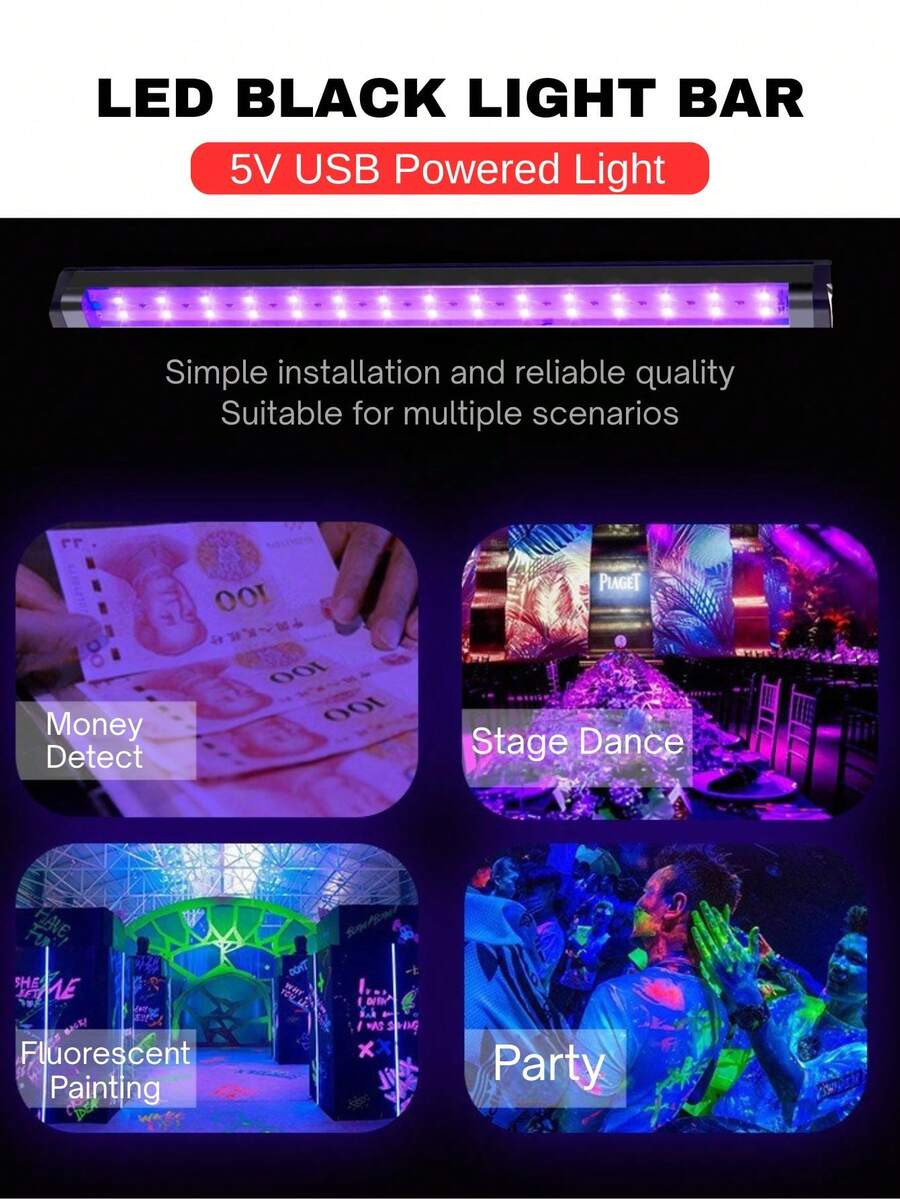 aiinnew 1組 2-6件/組 1英尺/30公分 LED黑光燈條 USB供電 UV螢光派對燈 紫外線黑光燈具，適用於螢光掛毯、海報、身體彩繪、萬聖節發光派對