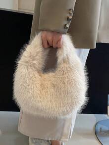 1个时尚毛绒单肩包，平沿手提包，可爱女士冬季手提包/钱包 - 卡其色 - 查看 2