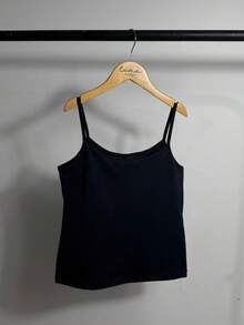 Slim Polyamide Thin Strap Tank Top With Lining - Black - View 5