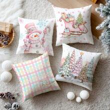 4pcs Christmas Plaid Snowman & Christmas Tree Decorative Pillow Cover Set, Single-Sided Printed Peach Velvet Polyester Material, 45*45CM Cushion Cover For Modern Fabric Sofa Indoor Decor, Party Decoration, Gift