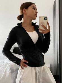 Livesso Women's Regular Fit Casual Sport Zip-Up Bomber Jacket, Spring,Fall Women Clothes - Black - View 5