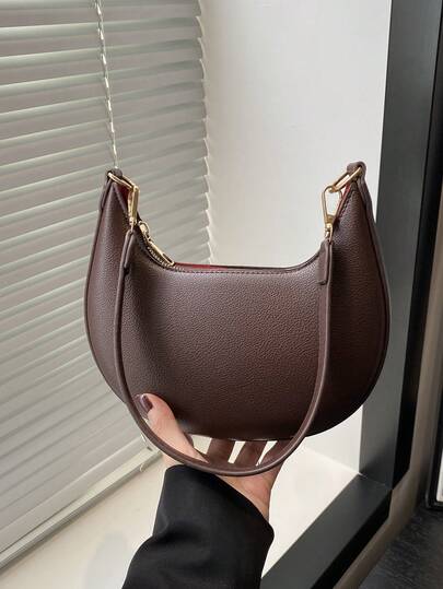 1 件咖啡棕色新月形 PU 皮革女士单肩包/腋下包，时尚简约纯色，秋冬