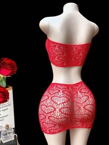 Conjunto de lencería sexy, sujetador transparente y falda corta de encaje jacquard para mujer, ropa interior para club nocturno