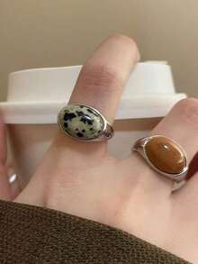 2pcs Fashionable Personalized Retro Mori Design Natural Stone Adjustable Open Ring Suitable For Women's Daily Wear And Party, Photography Accessory, Birthday Gift For Bestie