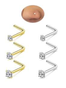 Nose Rings Studs Set For Women Men: 3Pcs/6Pcs 20G Hypoallergenic Gold/Silver Stainless Steel Nose Studs L Shaped Nose Piercing Jewelry Small CZ For Any Occasion
