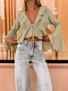 Nouvelle blouse élégante et élégante à manches longues avec volants et liens, couleur unie. Décontractée pour la plage, les stations balnéaires, l'école, le quotidien, les voyages