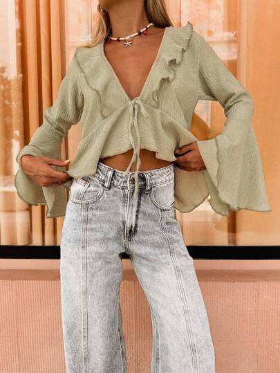 Nouvelle blouse élégante et élégante à manches longues avec volants et liens, couleur unie. Décontractée pour la plage, les stations balnéaires, l'école, le quotidien, les voyages