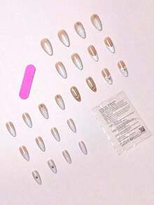 24pcs/Set French Almond Shaped White Tie Dye Base Color Unique 3D Flower Shell & Golden Pearl Decor Full Cover Press-On Fake Nails, Ideal For Ladies & Girls Party, Date, Vacation, Wedding Bride(Random Delivery) - Ngẫu nhiên - Xem 4