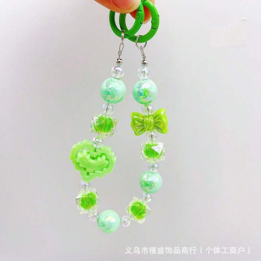 新款电镀爱心手机链，亚克力彩色多巴胺珠串，直播同款水杯链，兼容安卓及大多数智能手机，送给母亲、家人、朋友、孩子、生日、节日的礼物 - 雙愛心--綠 - 查看 1