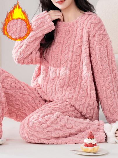 AICJ [Conjunto de pijama cómodo] Conjunto de pijama de felpa suave, cálido y acogedor para mujer, incluye top de manga larga y pantalones a juego, ropa de estar en casa de poliéster suave, ropa de dormir cómoda para clima frío, lindo conjunto de pijama de 2 piezas