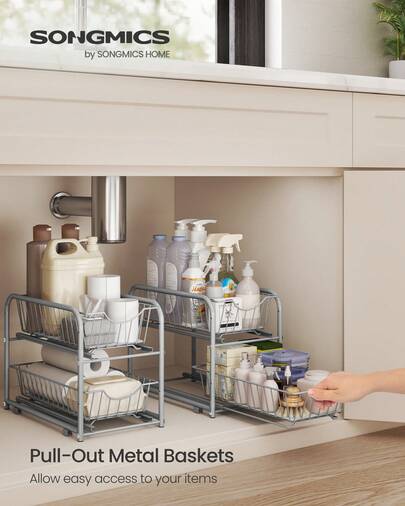 Cupboard Organiser, 2-Tier Under Sink Storage Organiser With Sliding Basket Drawers, Stackable Cabinet Organiser For Kitchen, Bathroom, Silver