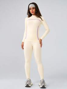 Leorrey 1 Set Damen nahtloser modischer Outdoor-Ski, Fitness, Workout, Laufen Langarm-Oberteil und lange Hose Sportanzug Ski-Outfit